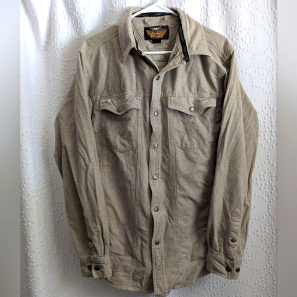 Harley Davidson Tan 100% Cotton Fleece Metal Snap Button Down Medium Tall Beige - Picture 2 of 8